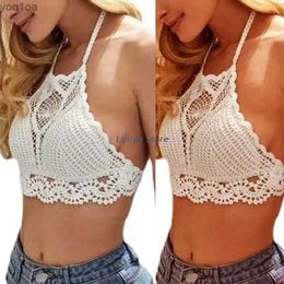 Camisoles Tanks Women Beach Crochet Daisy Floral Bikini Bra Hollow Out Knit Mesh Plaid Halter Crop Top Sexy Backless Solid Colour Padded SwmsuitL231031