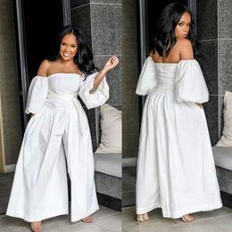 Sexy Off Shoulder White Jumpsuits for Women 2019 Plus Size Long Sleeve Elegant Cotton Ladies Wide Leg Pants Jumpsuit Overalls299E