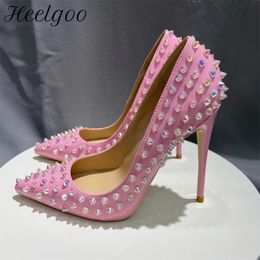 Dress Shoes Heelgoo Shiny Spikes Women Patent Pink Pointy Toe Sexy High Heel Party Shoes Rivets Studs Ladies Slip On Stiletto Pumps 8-12cm 231030