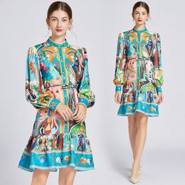 Women Boutique Printed Dress Retro Long Sleeve Dress Spring Autumn Shirt Dresses High-end Fashion Lady Shirt Dresses OL Girl Dresses