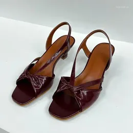 Sandals Leather Burgundy Square Toe Stiletto 2023 Bowknot Open-toed Mid-heel High-heeled Shoes Outerwear Slip-on Women's