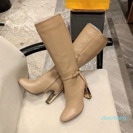 Black Genuine leather high-heeled knee boots block Heel buckle decoration Fashion tall boot with cut-out detail and gold-coloured metal Side half Zip shoes Sizes