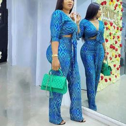 Women's Two Piece Pants African Ladies Fashion Sets Blue Geometric Printed Blouse & Long Trousers Elegant Evening Night Party Dinner