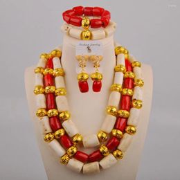 Necklace Earrings Set White And Red Natural Coral Bead African Ceremony Banquet Wedding Jewellery Nigerian Bride Dress AU-527