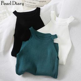 Women's Tanks Pearl Diary Women Knitted Halter Vest Female High Neck Racer Solid Sleeveless Rib Knit Summer Off Shoulder Slim Fitted Top