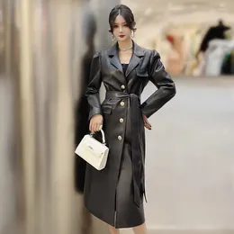 Women's Leather High-quality Suit Jacket Women 2023 Autumn Winter Double-breasted Black Long Coat Retro Luxury Khaki