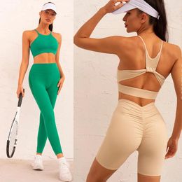 Active Sets Ensemble Female 2 Pieces Yoga Set Workout Clothes For Women Sport Matching Wear Tennis Suit Crop Top Shorts Leggings