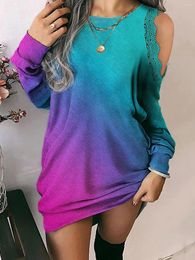 Casual Dresses Women Fashion Gradient Lace Cold Shoulder Sweatshirt Dress Autumn Winter Long Sleeve Hoodie Slim Fit Pullovers Streetwear