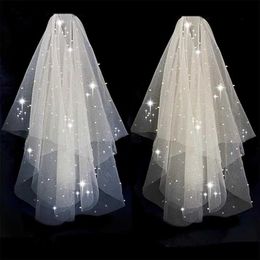 Bling Two-Layer Bridal Short Wedding Veil Shiny Sequined Glitter White Champagne Bridal Mesh Veil Metal Comb Elbow Length X0726280p