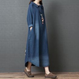 Casual Dresses Women Loose Denim Shirt Vintage Single Breasted Collar Maxi Dress Office Lady Long Sleeve Autumn Midi Robe246r