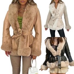 Women's Wool Blend's Faux Leathers with Furs Collar Long Sleeve Parka Pockets Warm Winter Coat Belt Gift 231030
