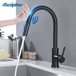 Kitchen Faucets Pull Out Black Sensor Stainless Steel Smart Induction Mixed Tap Touch Control Sink and Cold Water Mixer 231030