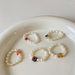 Cluster Rings Hand-made Freshwater Pearls Colored Glazed Flower Woven Jewelry Wholesale