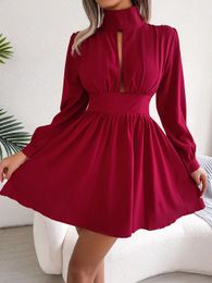 Basic Casual Dresses Women Autumn Hollow Out Long Sleeve A Line Dress Black Red White 231031