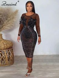 Casual Dresses Znaiml Luxury Rhinestone Feathers Prom Party Midi Dress For Women Sexy Mesh See Through Long Sleeve Patchwork Birthday