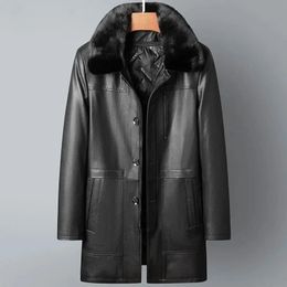 Men's Leather Faux Haining Genuine down Jacket MidLength First Layer Sheepskin Mink Fur Collar Detachable Liner Coat Winter 231031