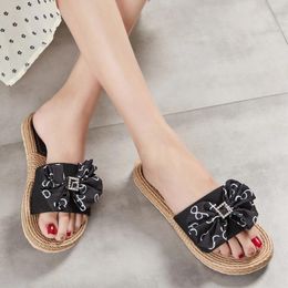 Slippers 2023 Casual Women Home Slipper Summer Bow-knot Soft Floor Woman Indoor Flats Shoes Cute Linen Chaussure Femme