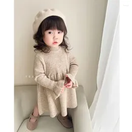 Girl Dresses HoneyCherry Winter Girls Knitted Sweater Dress Long Sleeve Solid Colour Half Turtleneck Flower