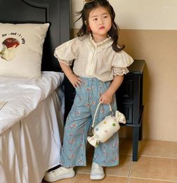 Clothing Sets Retail 2023 Korea Baby Girls Summer Fashion White Lace Top Printed Pants 2-7T