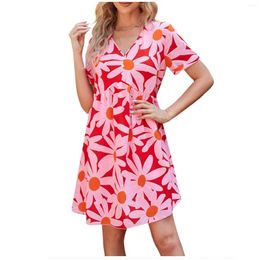 Casual Dresses Women Floral Printed Fashion Long Dress Waist Up Swimsuit Button Short Sleeve O-Neck Beach Bohemian