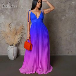 Casual Dresses Soefdioo Gradient Color Sexy Tie Up Stap Sleeveless Pleated Backless V-Neck Maxi Dress Women 2023 Fashion Chic Vestidos
