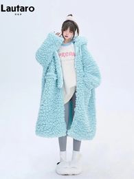 Women's Fur Faux Fur Lautaro Winter Long Oversized Casual Thick Warm Blue Thick Warm Fuzzy Fluffy Faux Fur Coat Women with Hood Zipper Fashion 231030