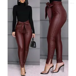 Women's Pants 2023 Spring Autumn Clothing Trousers Beaded Pu Binding Band Casual Slim Fit Daily All-Matching