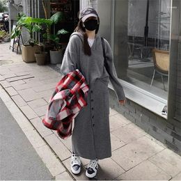 Two Piece Dress Autumn Winter 2 Pieces Knitted Set Women Korean Casual Fashion Hooded Top Pullover Sweater And Pockets Long Skirt Suits