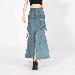 Skirts Denim Woman Autumn 2023 Fashion Streetwear Spliced Strap Split Bottom Solid High Waist Casual Fishtail Long Dress