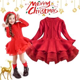 Dancewear Kids Red Christmas Dress for Girl Princess Long Sleeve Knitting Dresses Autumn Winter Warm Birthday Party Xmas Years Costume 231030