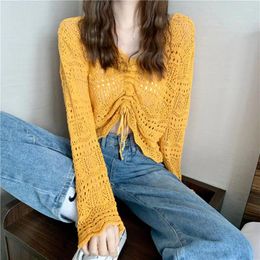 Women's Sweaters Yellow Sexy Hollowed Bandage Spring Pullover Short Sweater Loose Coat Casual Cloth Girl T-shirt Tops Clothes For Women Lady