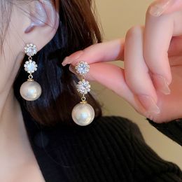 Silver needle with diamond circles flower pearl earrings high-end feel earrings Personalised temperament earrings