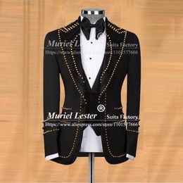 Men's Suits Blazers Luxury Wedding Suits For Men Gold/Black Pearls Blazer Male Fashion Design Banquet Party Groom Wear Tuxedo Plus Size 3 Pieces Set 231030