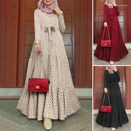Ethnic Clothing Fashion Belt Kaftan Muslim Dress Abaya Polka Dot Print Islamic Long Sleeve Abayas Women Dubai Turkish Modesty Robe Jilbab