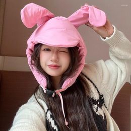 Berets Cute Pink Long Ears Padded Bomber Hats Autumn And Winter Korean Version Fashion Warm Cartoon Caps For Women Men