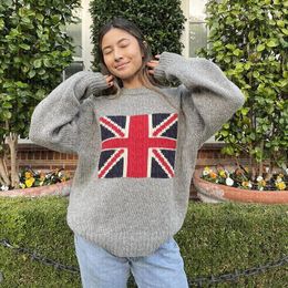 Women's Sweaters Autumn Winter Fashion Gothic Sweater Hip Hop Street Apparel Knitted The Union Flag Pattern Grey Pullover