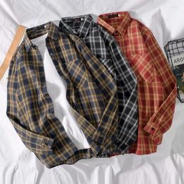 Men's Casual Shirts Plaid Shirt Chequered Turndown Collar Long Sleeved Cardigan Mans Button Top Retro Streetwear