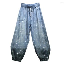 Women's Jeans 2023 Spring Summer Thin Coloured Diamond Rhinestones Loose Elastic Waist Girls Ladies Denim Harem Pants