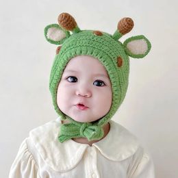 Berets Winter Warm Knit Cartoon Baby Hat Cute Antlers Children Boy Girl Handmade Woolen Yarn Bonnet Infant Toddler Kid Caps Earflap