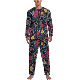 Men's Sleepwear Ditsy Floral Pajamas Autumn Red And Yellow Casual Man 2 Pieces Printed Long Sleeves Fashion Pajama Sets