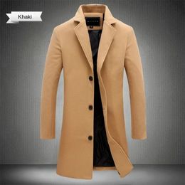 Herr ullblandningar 2023 Spring Autumn Long Cotton Coat Blend Pure Color Casual Fashion Clothing Slim Windbreaker Jacket 231031
