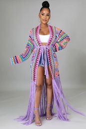 Women's Knits Tees Women's Cardigans Crochet Knitted Maxi Fringe Coats Jacket Casual Sweater Ladies Tassel Open Stitch Hollow Out Long Cardigan 231031