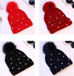 Peal Knit Hat Fashion Knitted Hats With Beads Thick Warm Winter Cap Soft Stretch Pom Poms Beanies Womens Skullies Ball Caps da214