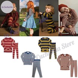 Clothing Sets Autumn Winter Girls Boys Pyjamas Set Striped Underwear Loungewear Long Sleeve Sweater Tight-fitting Kids Knitted