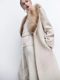 Women's Wool Blends RR1534 Beige Detached Big Fake Fur Collar Wool Blends Coats Womens X Long Loose Winter Wool Jackets Belt Tied On Waist Outwear 231030