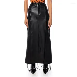Skirts High Waist PU Midi Long Skirt Black Slim Side Opening Fit And Flare Ankle-Length Street Wear Fashion