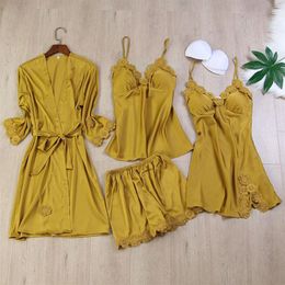 Leisure Female Nightwear Lace Kimono Bathrobe Gown 4PCS Sleepwear Strap Top Robe With Belt Spring New Faux Silk Nightdress236q