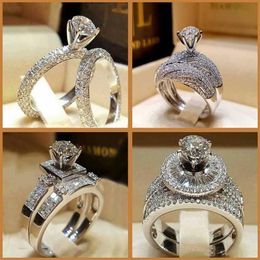 Luxury Male Female Crystal Zircon Stone Ring Silver Colour Vintage Wedding Set Men Women Engagement Rings302k