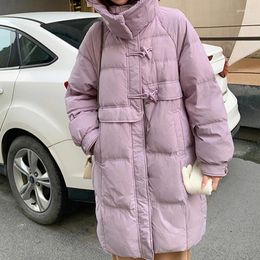 Women's Trench Coats Korean Version Cowhorn Buckle Winter Down Cotton Jacket Medium Length Hooded Loose Knee Thick Coat