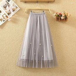 Skirts Long Pleated Tulle Skirt Womens 2023 Spring Summer Korean Casual Big Hem Elastic High Waist Mesh Tutu Maxi Female